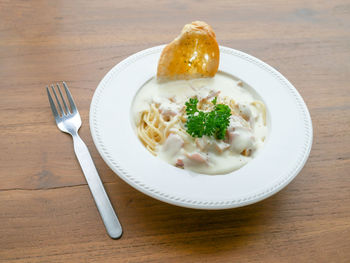 High angle view of breakfast served on table