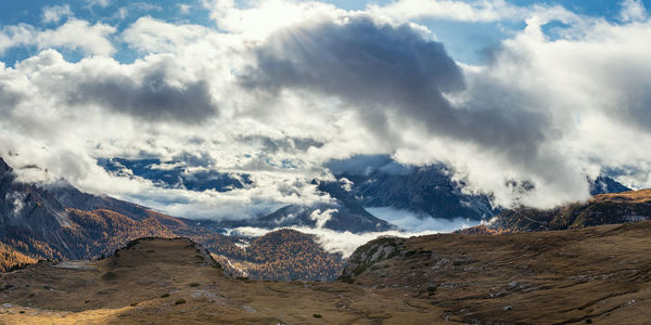 Panoramic view of snowcapped mountains against sky