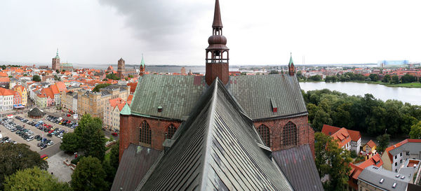 High angle view of buildings against sky