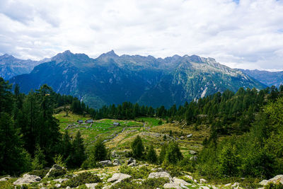 View over the alp corte di mognola to the pizzo di roed mountain range near fusio, switzerland