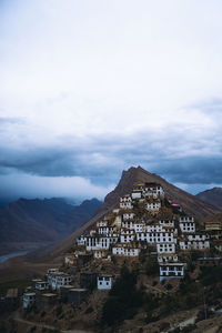 Beautiful landscape of key monastery during overcast. raining season in spiti.