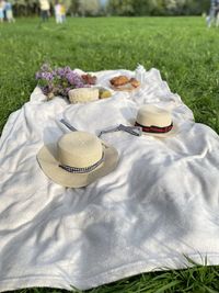 High angle view of hat on field