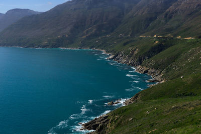 High angle view of sea and mountains