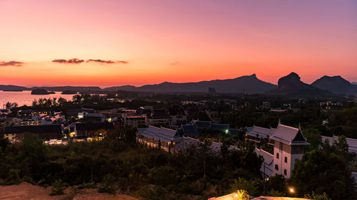 High angle view of townscape against sky during sunset