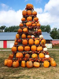 Stack of pumpkins against sky