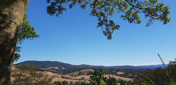 Scenic view of mountains against clear blue sky