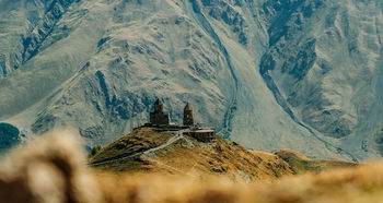 High angle view of church on mountain during sunny day