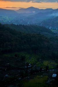 High angle view of landscape against sky during sunset
