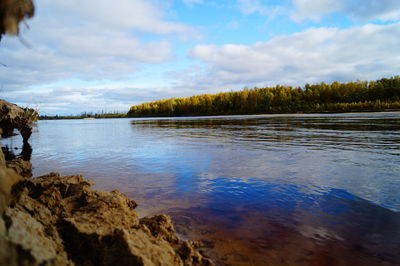 Scenic view of lake against cloudy sky