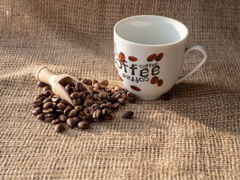 High angle view of coffee cups on table