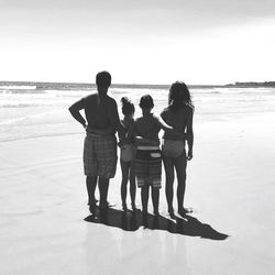 Rear view of two people standing on beach