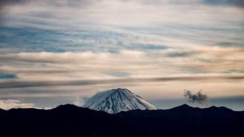 Scenic view of snowcapped mountains against sky during sunset