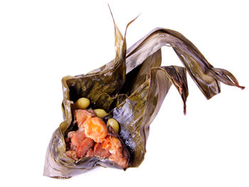 Close-up of dry leaves against white background