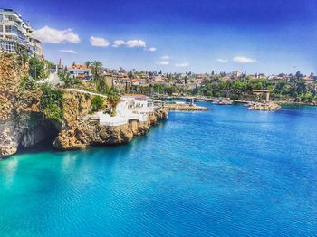 Scenic view of sea against blue sky