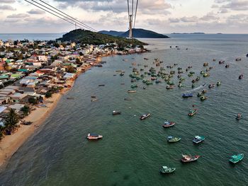 High angle view of boats on sea shore against sky