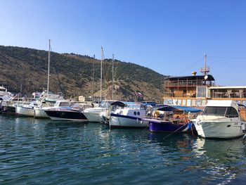 Sailboats moored on sea against clear sky