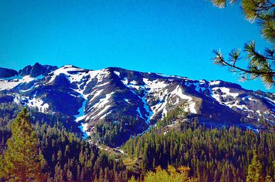 Scenic view of snowcapped mountains against clear blue sky