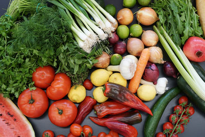 Directly above shot of various vegetables and fruits on table