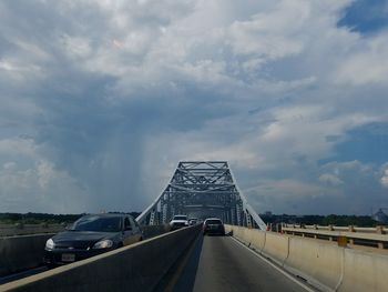 View of suspension bridge against cloudy sky