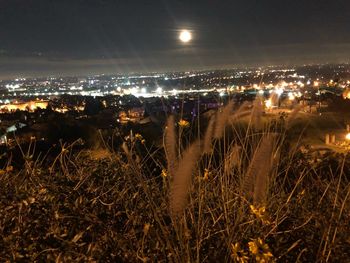 Illuminated landscape against sky at night