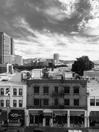 High angle view of buildings in city against sky