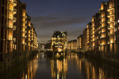 City view of speicherstadt of hamburg, germany at night