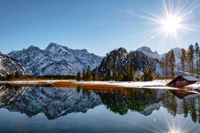 Scenic view of lake and snowcapped mountains against sky