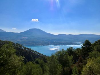 Panoramic view of sea and mountains against blue sky