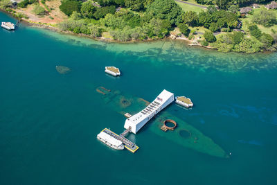 Aerial view of uss arizona memorial at pearl harbor on oahu, hawaii.