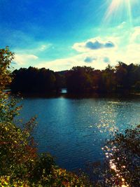 Scenic view of lake against sky at sunset