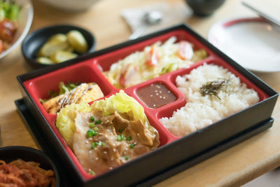 Close-up of food served on table