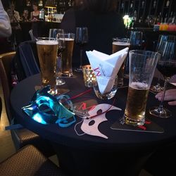 High angle view of beer glass on table