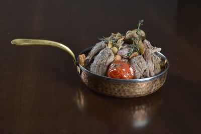 High angle view of fruit in bowl on table