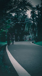 Rear view of people walking on road