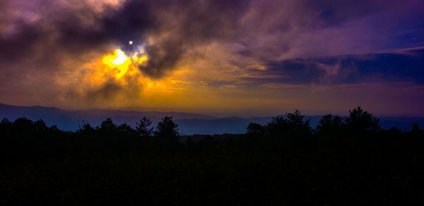 Silhouette trees against dramatic sky during sunset