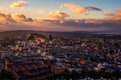 High angle view of cityscape at sunset