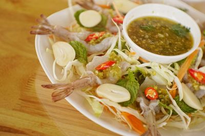 High angle view of vegetables in bowl on table