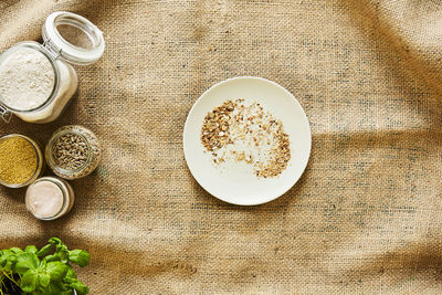 High angle view of breakfast on table