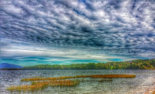 Scenic view of lake against cloudy sky