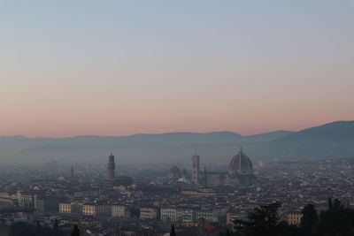 Aerial view of buildings in city during sunset