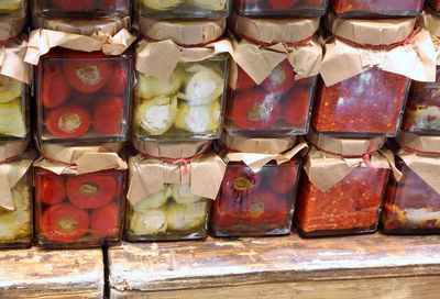Stack of food for sale at market stall