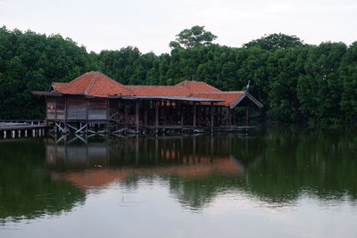 House by lake against trees and sky