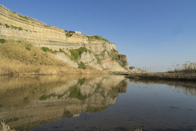 Scenic view of lake against clear blue sky
