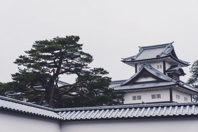 Low angle view of trees and building against sky