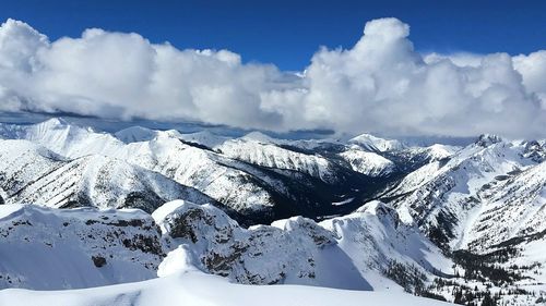 Scenic view of snow covered mountains against sky