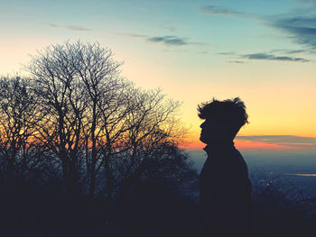 Silhouette person standing by bare tree against sky during sunset