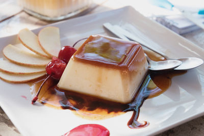 Close-up of dessert served on table