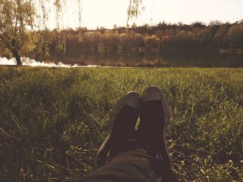 Low section of man on field against lake