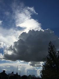 Low angle view of trees against cloudy sky