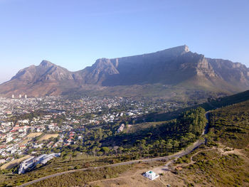 High angle view of townscape against mountain range